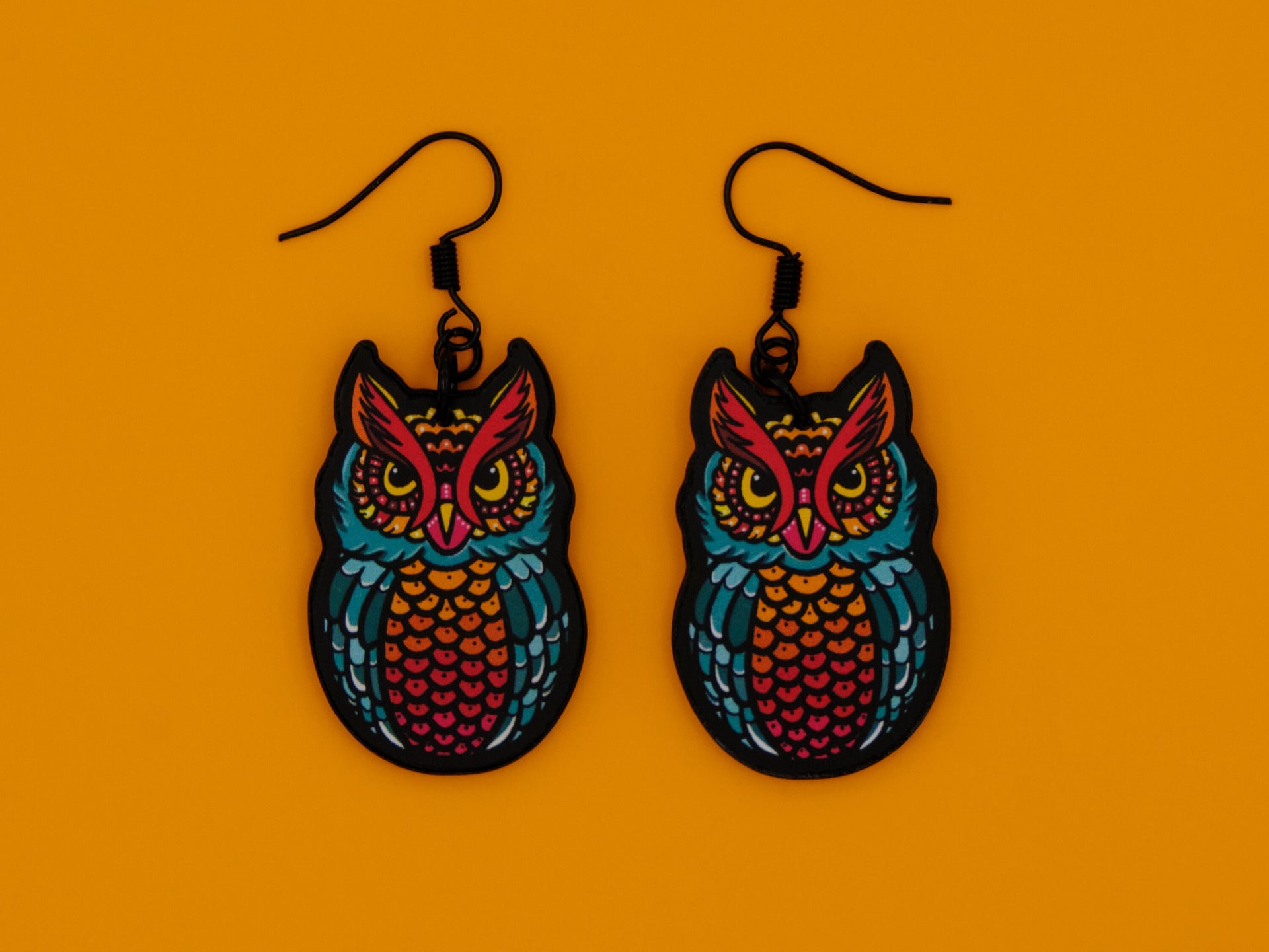 Handmade Original Tattoo Inspired Owl Bird Lightweight Plastic Earrings