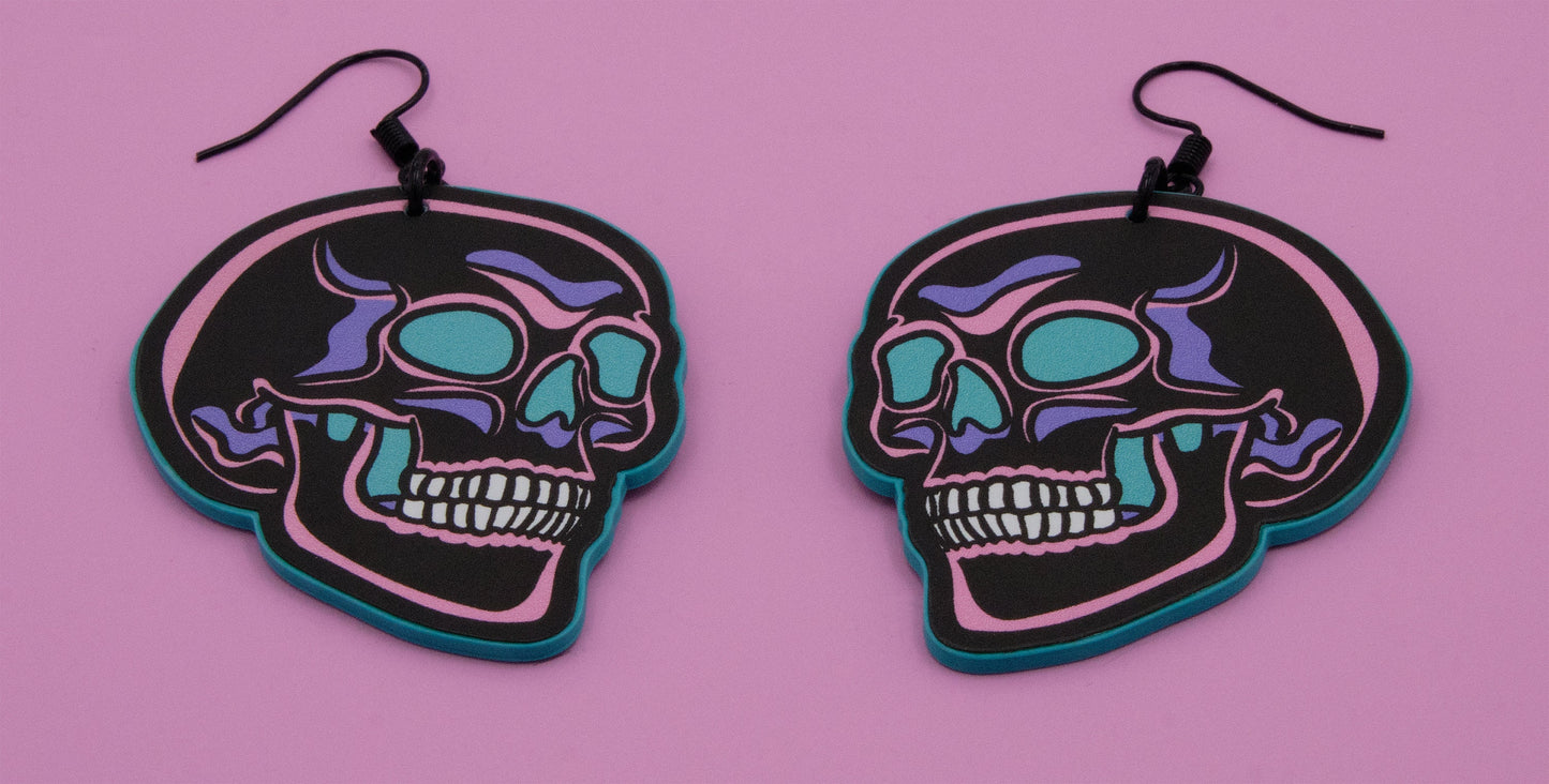 Handmade Original Pretty and Punk Skull Weird Funky Blue Statement Earrings Lightweight Plastic Earrings