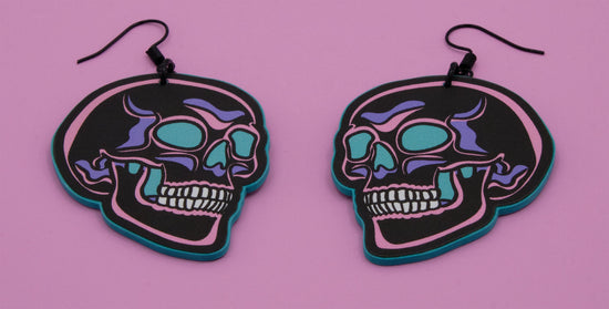 Handmade Original Pretty and Punk Skull Weird Funky Blue Statement Earrings Lightweight Plastic Earrings