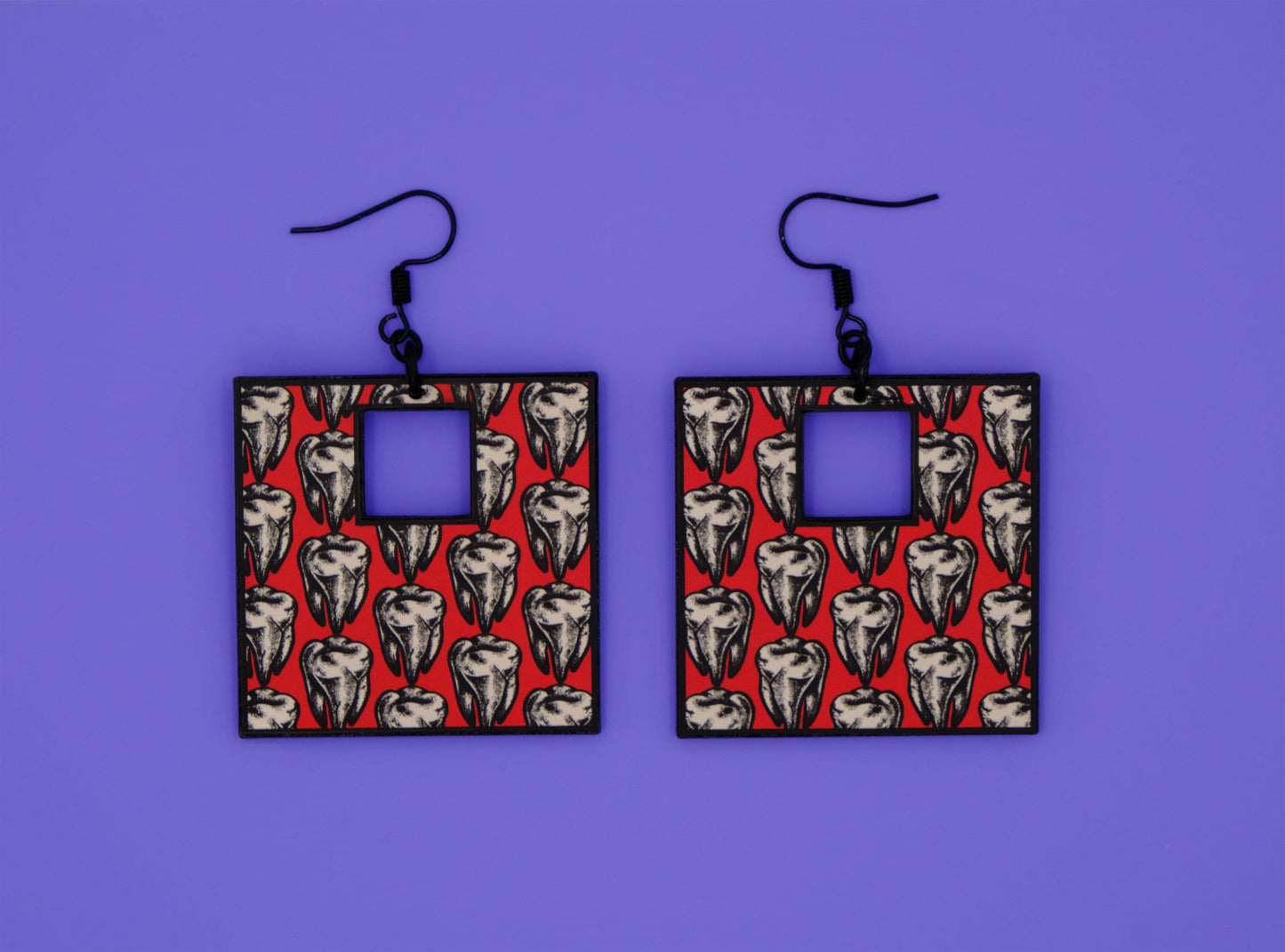 Handmade Original Retro Square Patterned Tattoo Inspired Teeth Tooth Lightweight Plastic Earrings