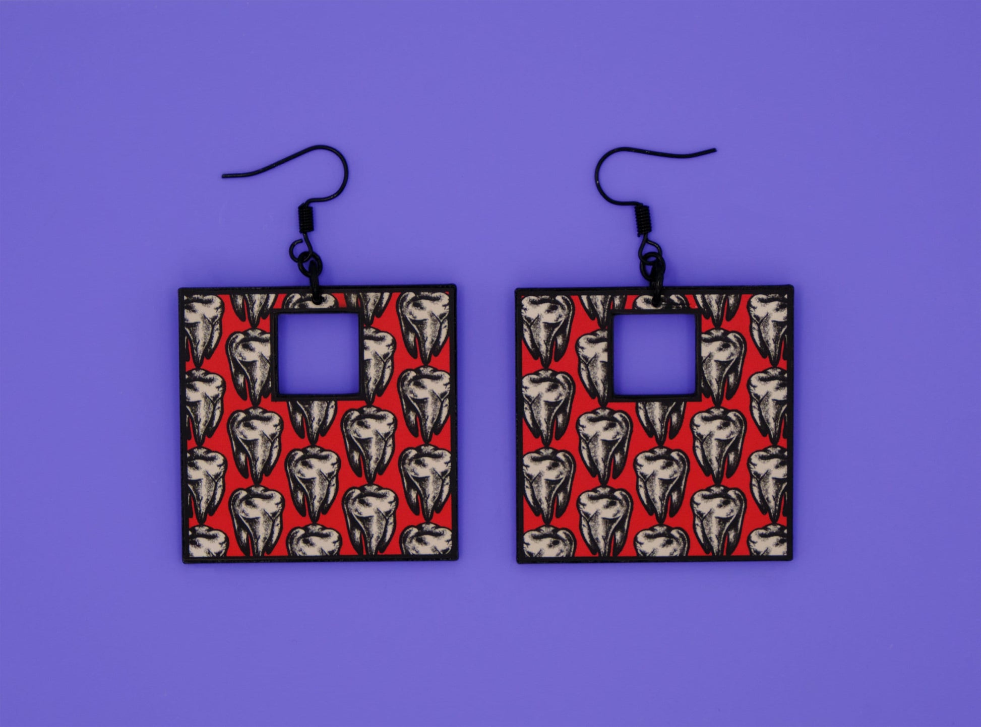 Handmade Original Retro Square Patterned Tattoo Inspired Teeth Tooth Lightweight Plastic Earrings