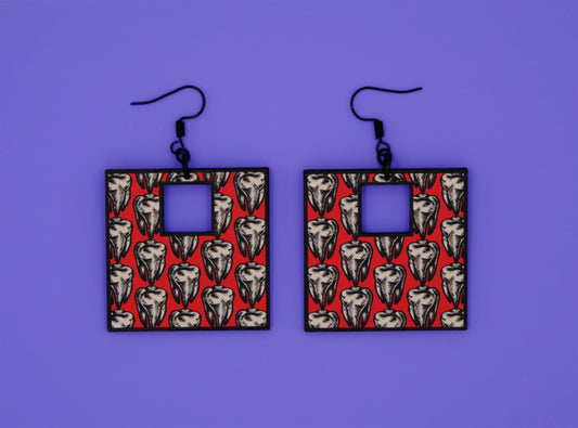 Handmade Original Retro Square Patterned Tattoo Inspired Teeth Tooth Lightweight Plastic Earrings