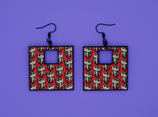 Handmade Original Retro Square Patterned Tattoo Inspired Teeth Tooth Lightweight Plastic Earrings