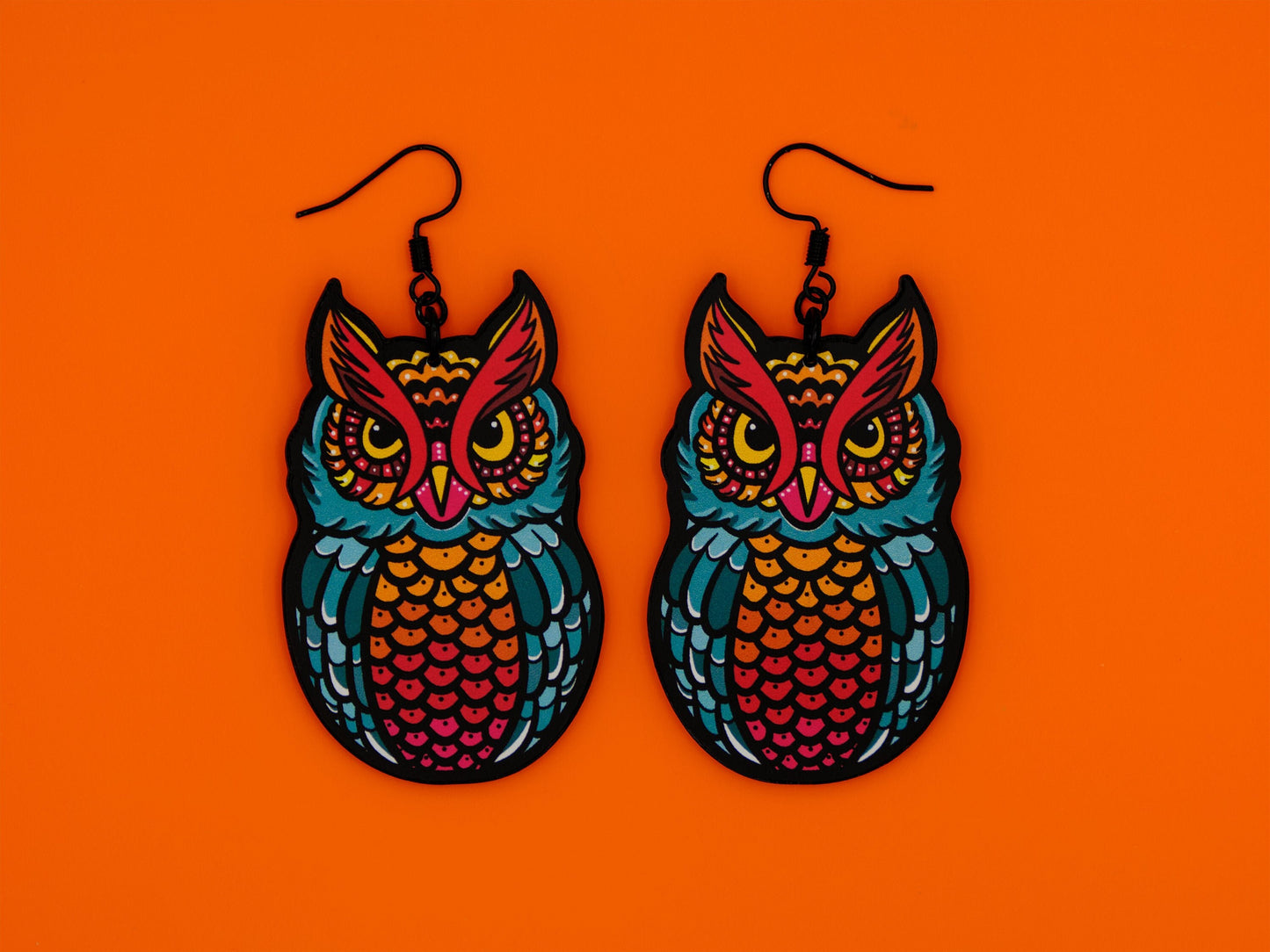 Handmade Original Tattoo Inspired Owl Bird Lightweight Plastic Earrings