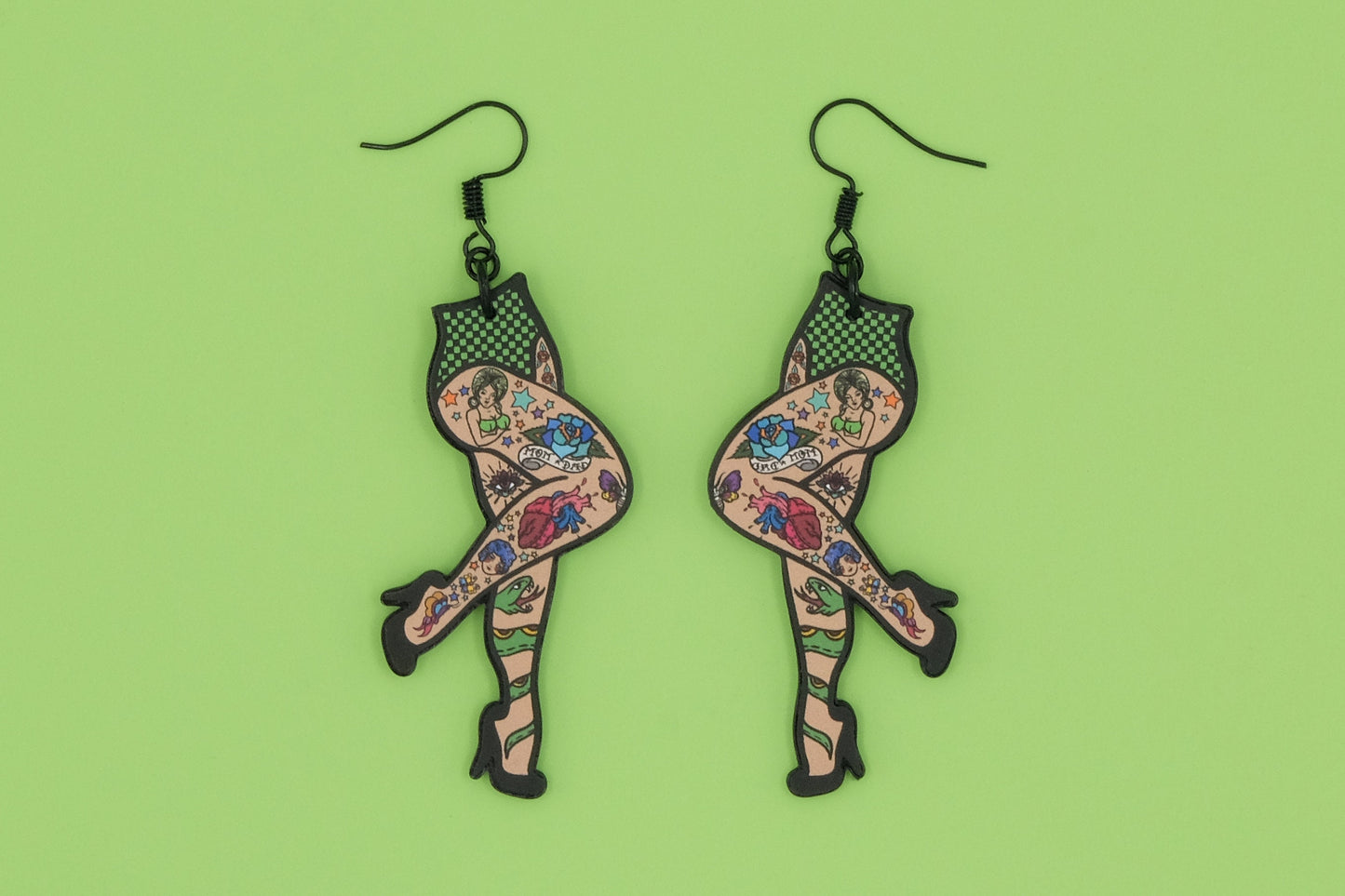 Handmade Original Flash Tattoo Punk Pin Up Girl Legs Weird Funky Statement Earrings Lightweight Plastic Earrings