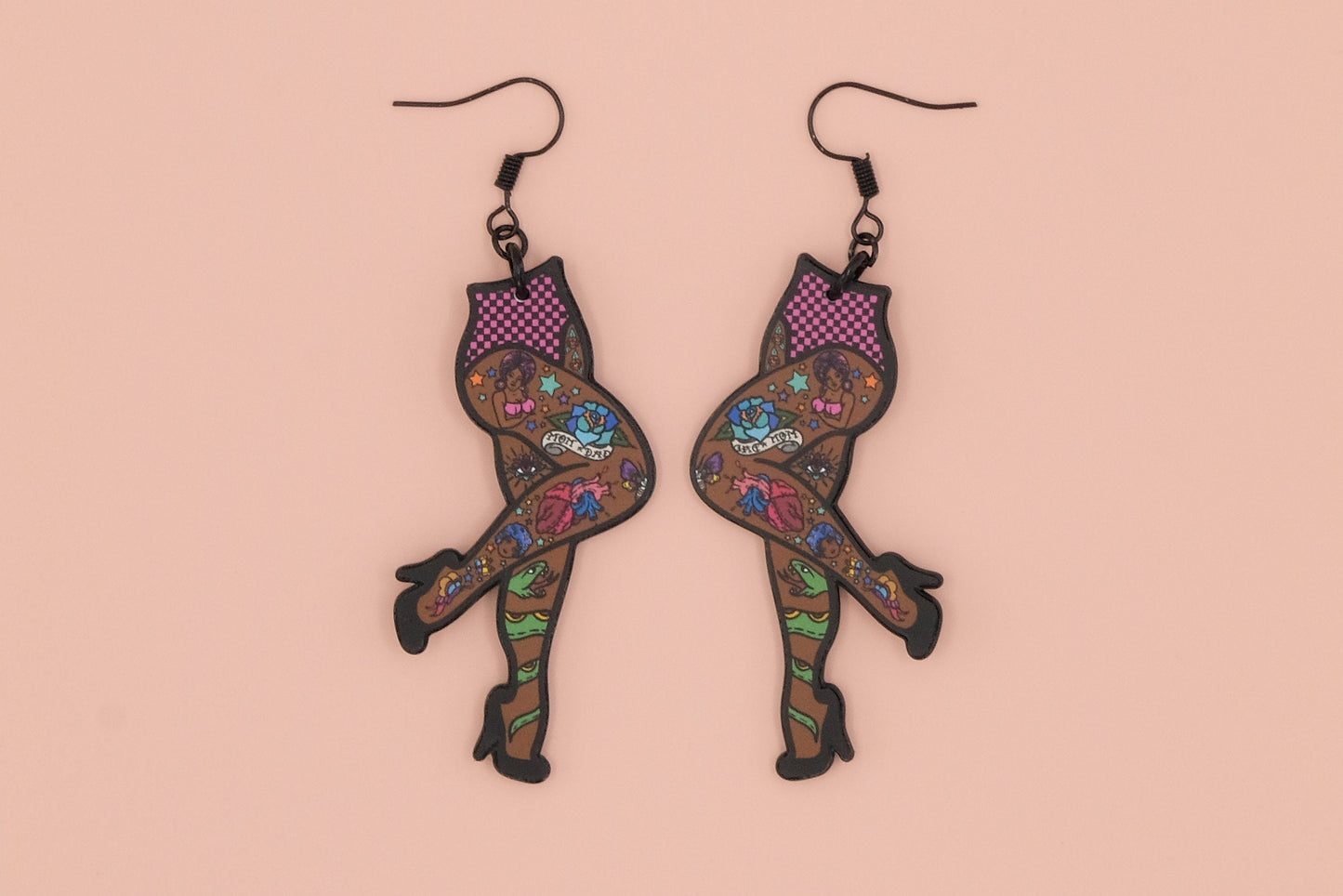 Handmade Original Flash Tattoo Punk Pin Up Girl Legs Weird Funky Statement Earrings Lightweight Plastic Earrings