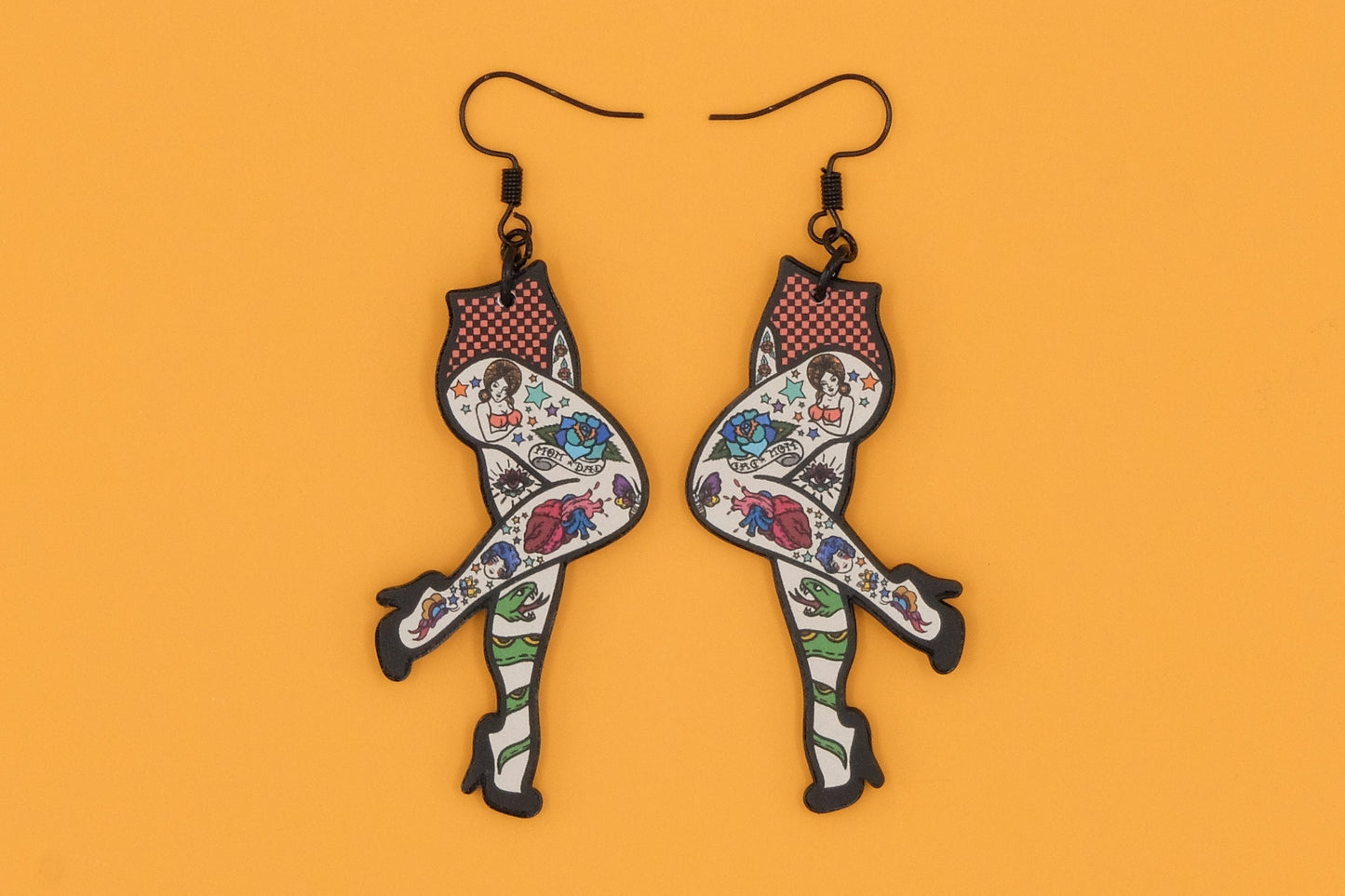 Handmade Original Flash Tattoo Punk Pin Up Girl Legs Weird Funky Statement Earrings Lightweight Plastic Earrings