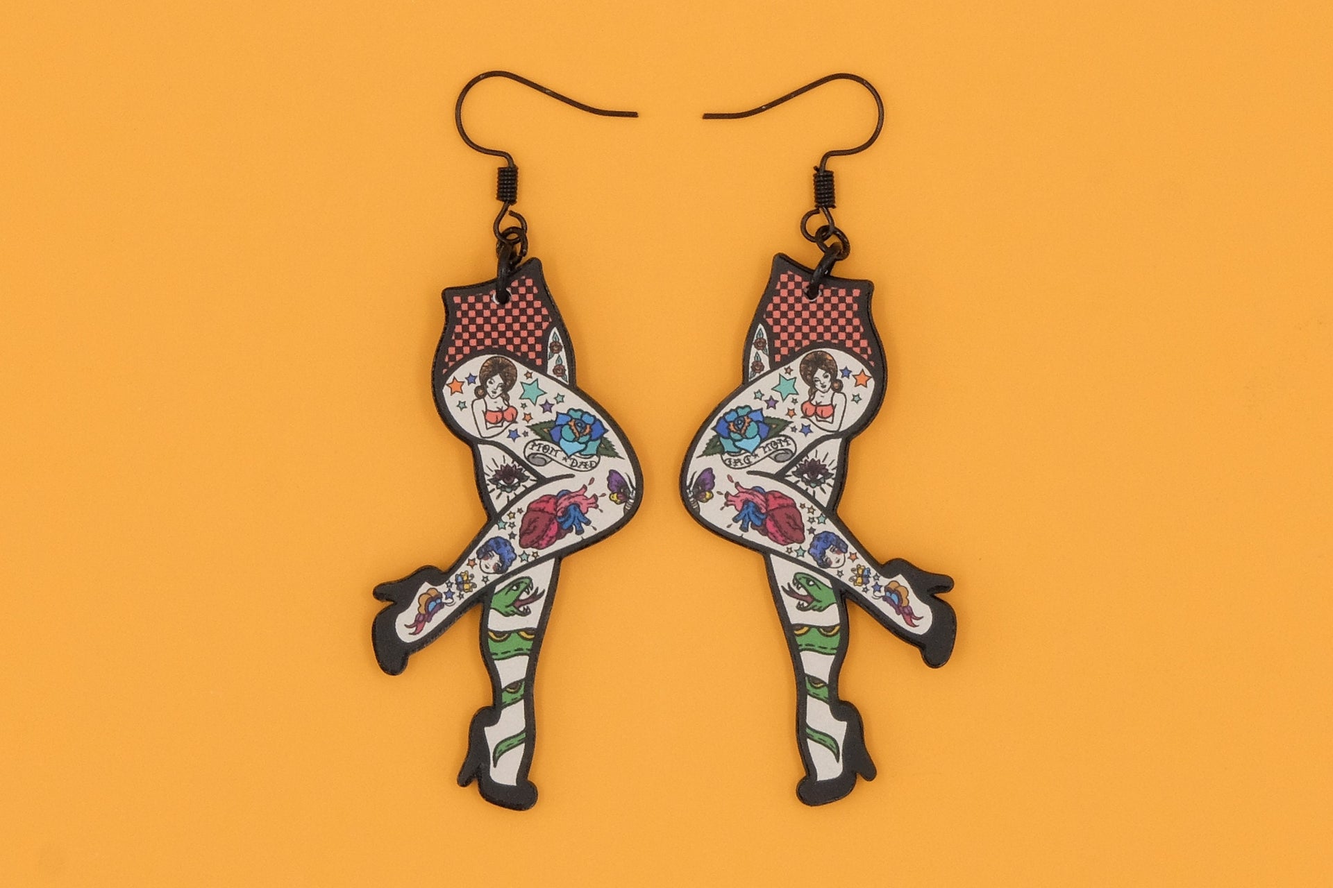 Handmade Original Flash Tattoo Punk Pin Up Girl Legs Weird Funky Statement Earrings Lightweight Plastic Earrings