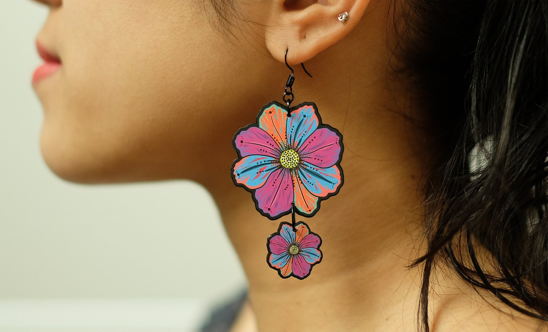 Handmade Original Cosmos Flower Spring Summer Statement Lightweight Plastic Earrings