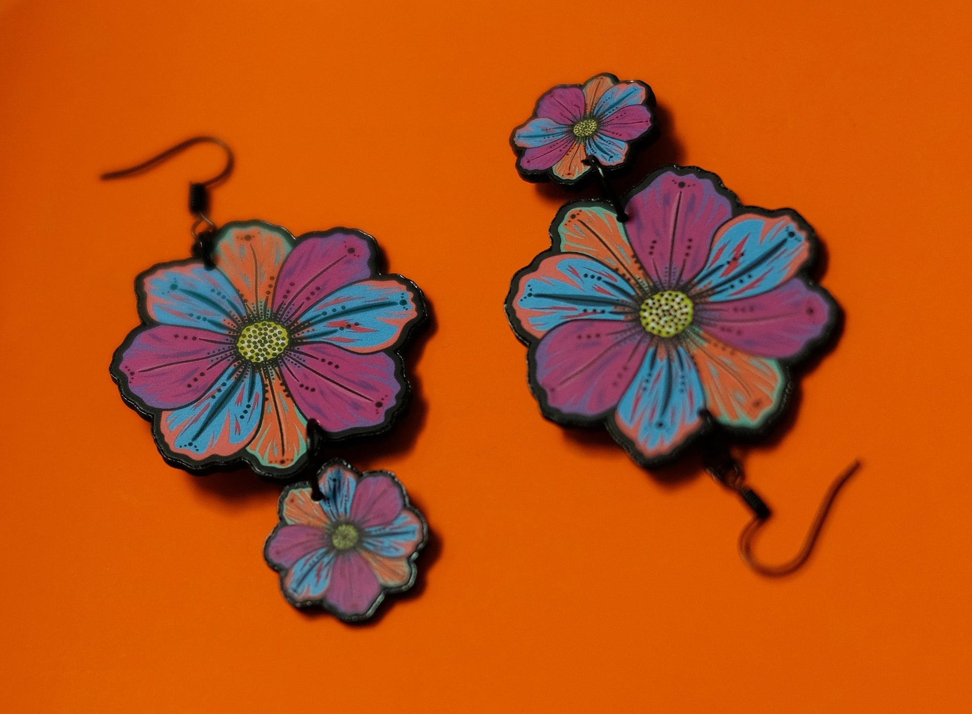 Handmade Original Cosmos Flower Spring Summer Statement Lightweight Plastic Earrings