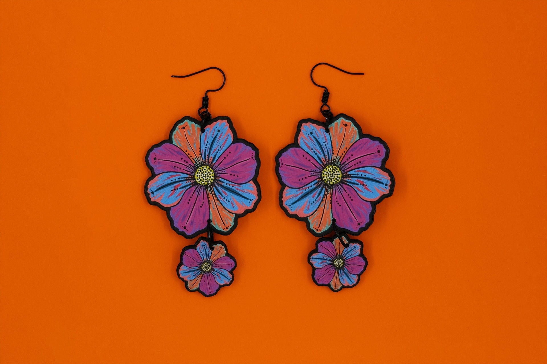 Handmade Original Cosmos Flower Spring Summer Statement Lightweight Plastic Earrings