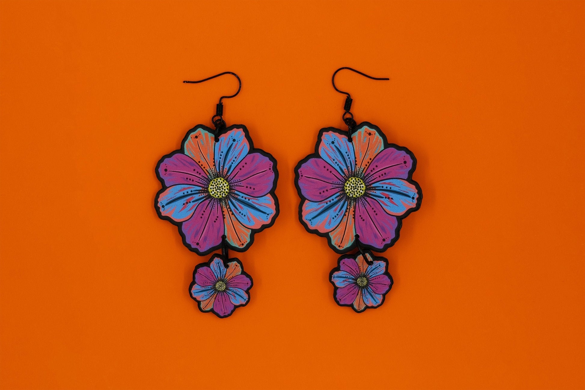 Handmade Original Cosmos Flower Spring Summer Statement Lightweight Plastic Earrings