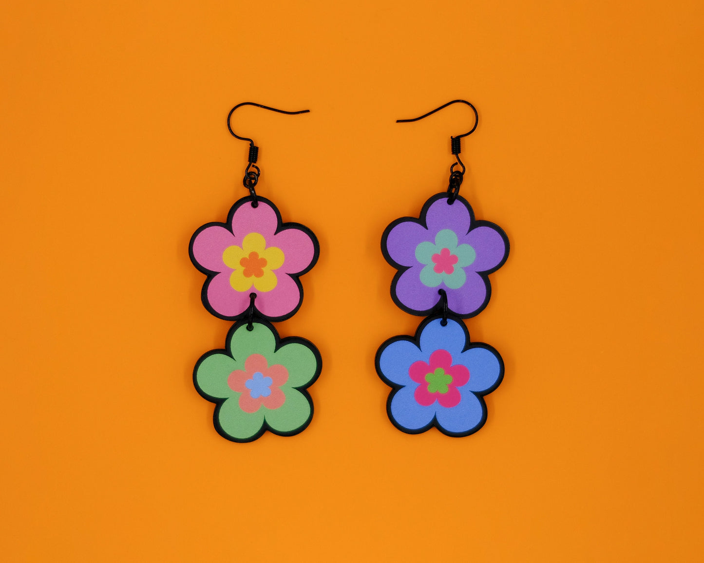 Handmade Original Groovy Retro Mod Colorful Flower Mismatched Funky Summer Statement Lightweight Plastic Earrings