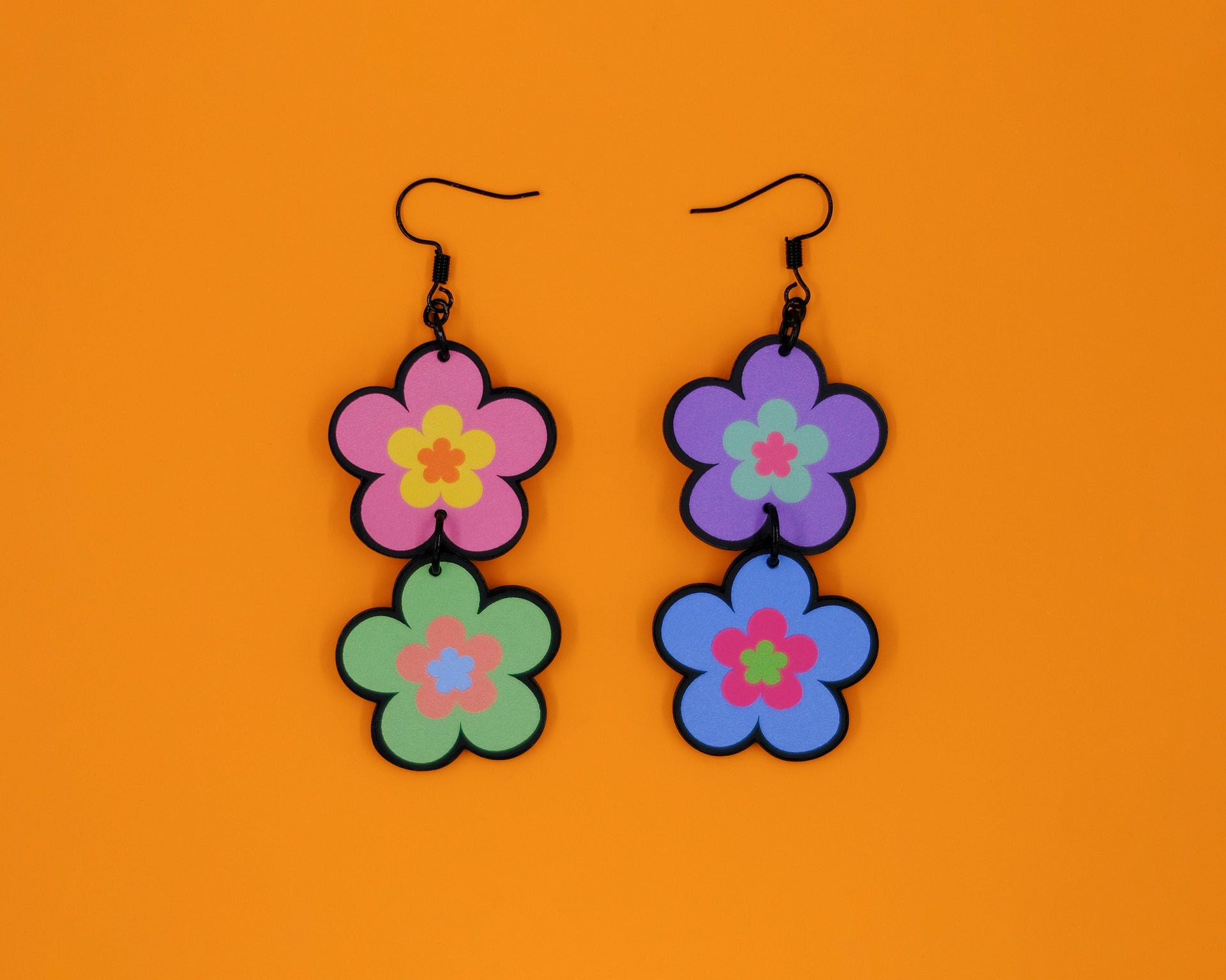 Handmade Original Groovy Retro Mod Colorful Flower Mismatched Funky Summer Statement Lightweight Plastic Earrings