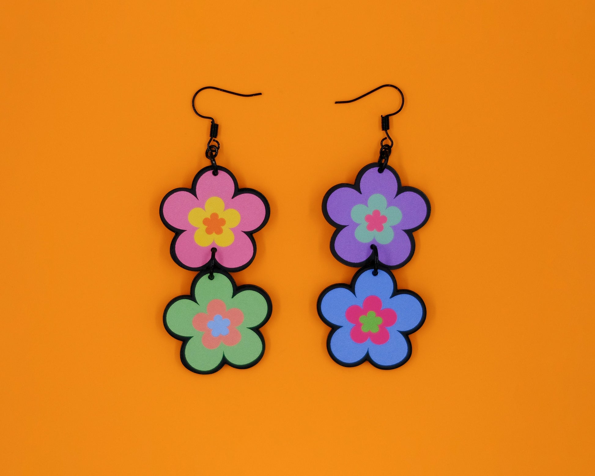 Handmade Original Groovy Retro Mod Colorful Flower Mismatched Funky Summer Statement Lightweight Plastic Earrings