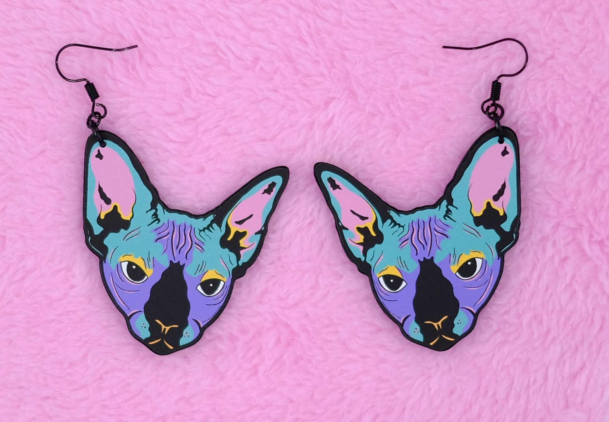 Handmade Original Pastel Punk Goth Louise The Hairless Sphinx Cat Lightweight Plastic Earrings