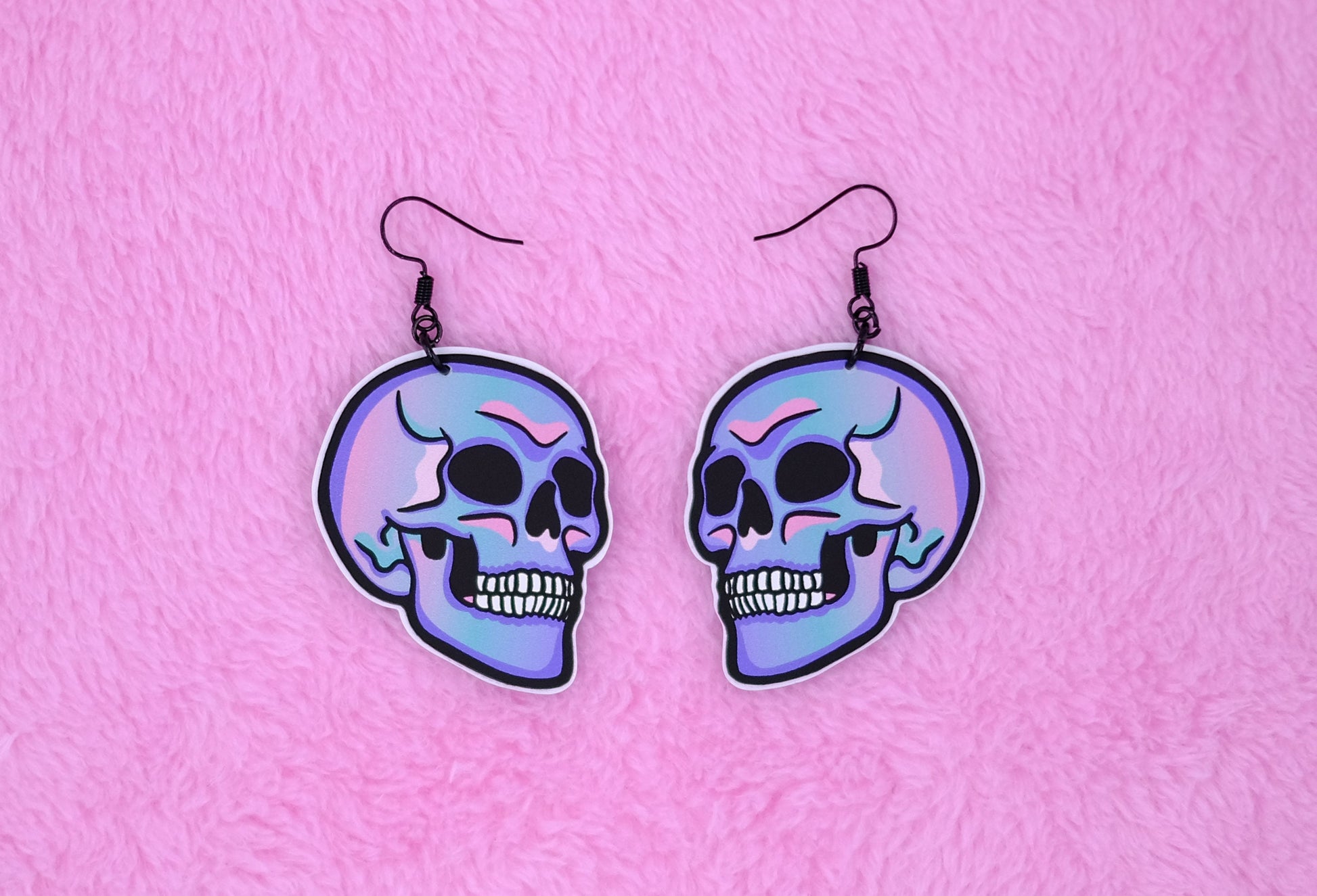 Handmade Original Pastel Punk Goth Pretty and Punk Skull Weird Statement Halloween Lightweight Plastic Earrings