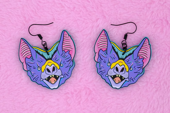 Handmade Original Pastel Punk Goth Tattoo Inspired Bat Weird Statement Spooky Costume Lightweight Plastic Earrings
