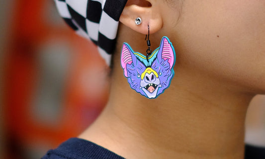 Handmade Original Pastel Punk Goth Tattoo Inspired Bat Weird Statement Spooky Costume Lightweight Plastic Earrings
