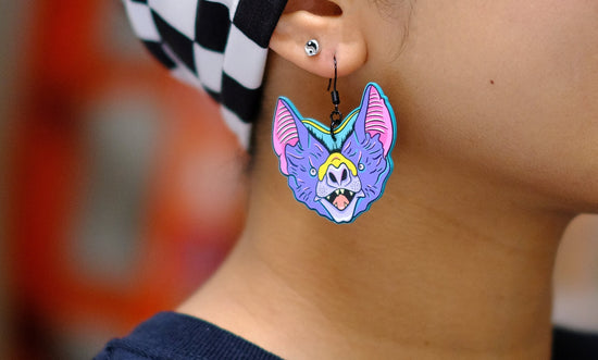 Handmade Original Pastel Punk Goth Tattoo Inspired Bat Weird Statement Spooky Costume Lightweight Plastic Earrings