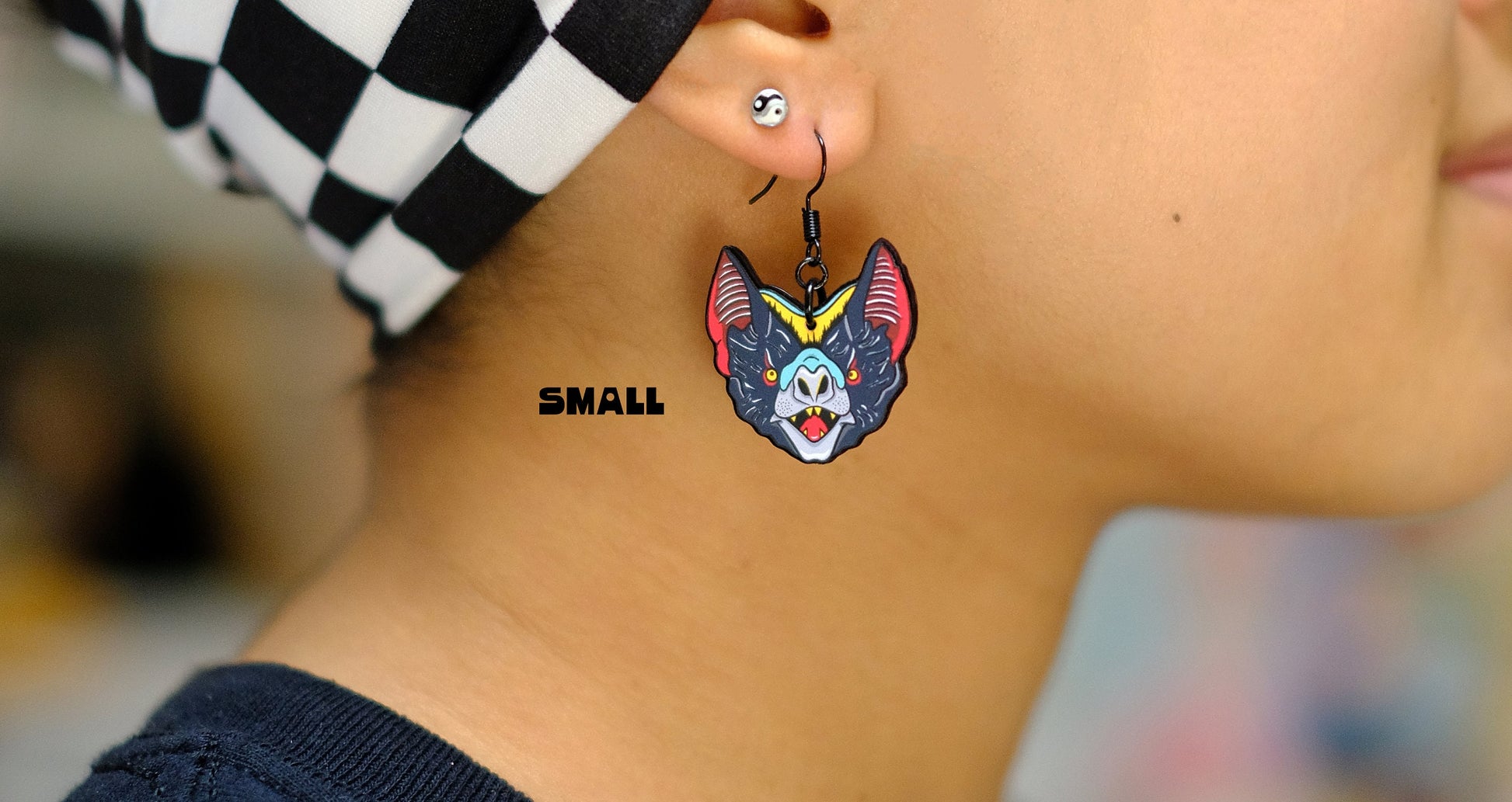 Handmade Original Tattoo Inspired Bat Weird Statement Halloween Costume Spooky Lightweight Plastic Earrings