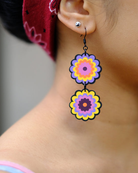 Handmade Original Groovy Retro Mod Chrysanthemum Flower Mismatched Summer Statement Lightweight Plastic Earrings