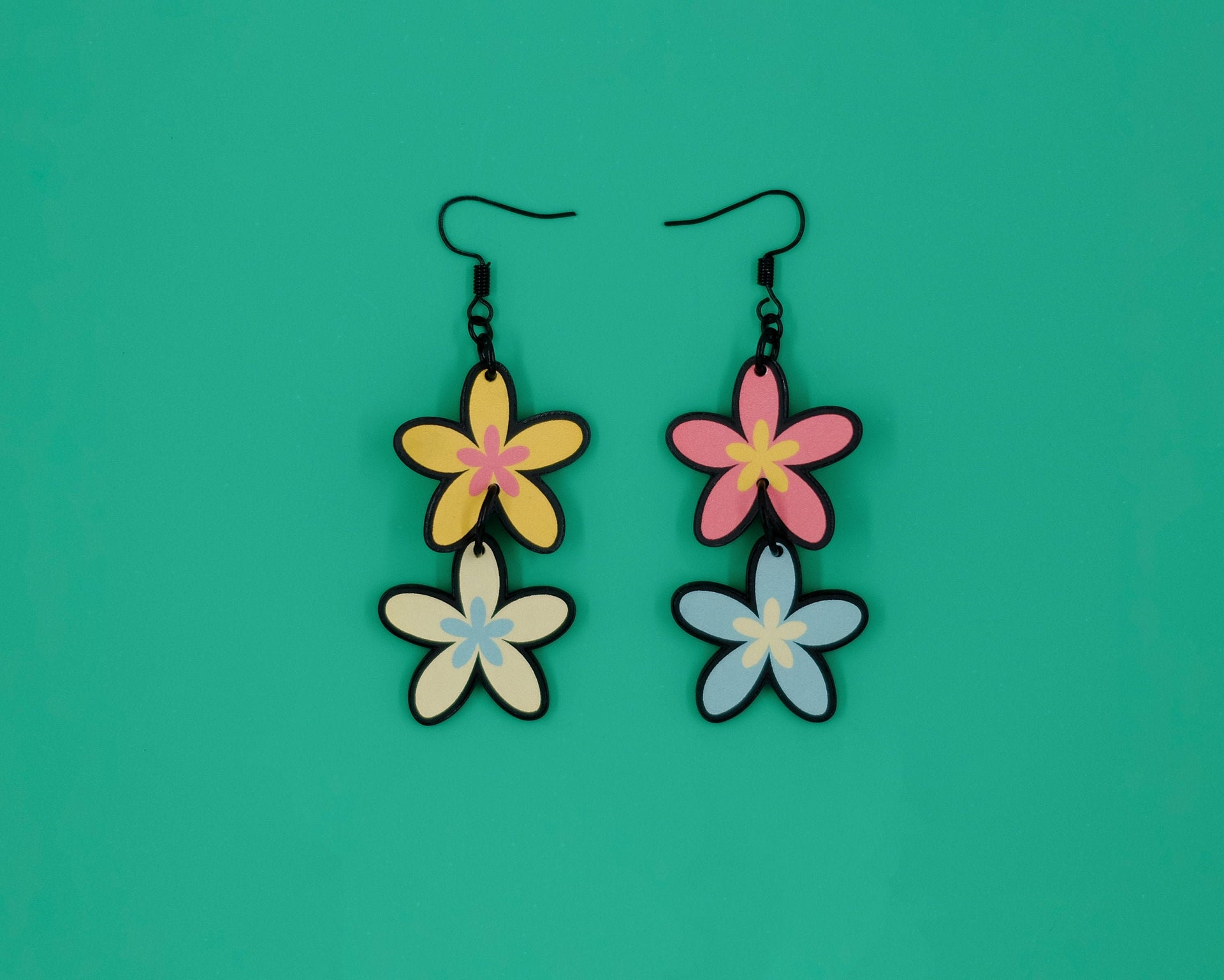 Handmade Original Groovy Retro Mod Flower Mismatched Funky Spring Summer Statement Lightweight Plastic Earrings