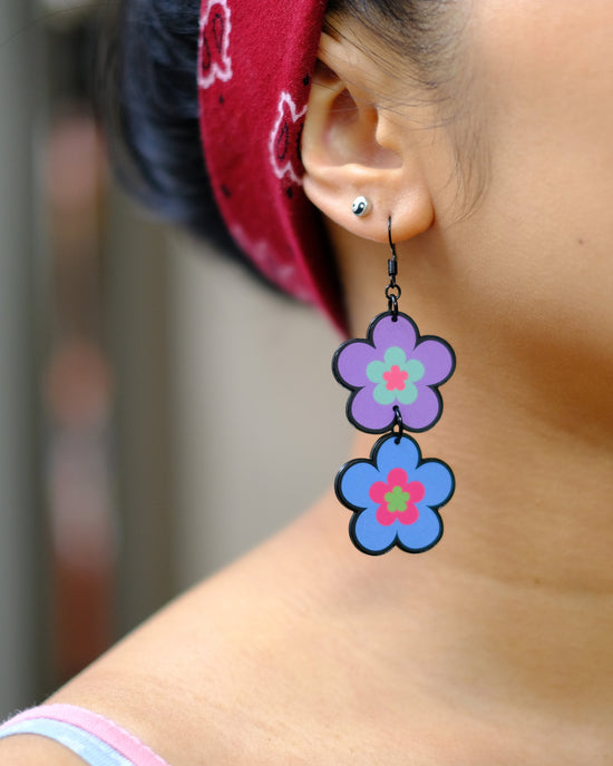 Handmade Original Groovy Retro Mod Colorful Flower Mismatched Funky Summer Statement Lightweight Plastic Earrings