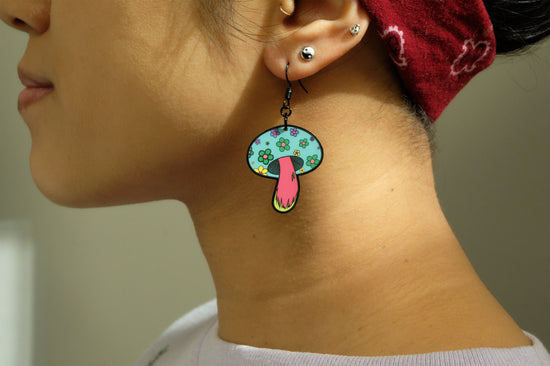 Handmade Original Groovy Retro Mod Mini Flower Child 70's Retro Mushroom Lightweight Plastic Earrings