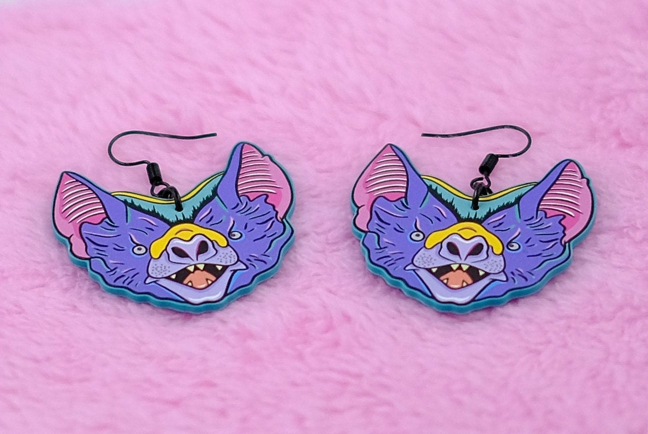Handmade Original Pastel Punk Goth Tattoo Inspired Bat Weird Statement Spooky Costume Lightweight Plastic Earrings
