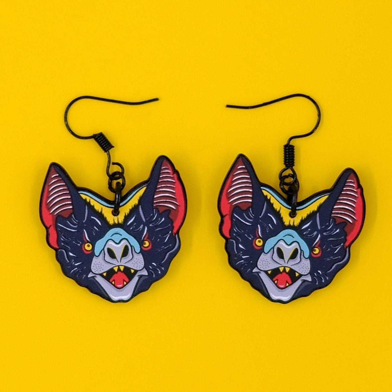 Handmade Original Tattoo Inspired Bat Weird Statement Halloween Costume Spooky Lightweight Plastic Earrings