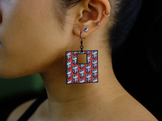 Handmade Original Retro Square Patterned Tattoo Inspired Teeth Tooth Lightweight Plastic Earrings