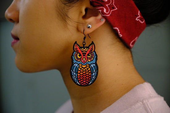 Handmade Original Tattoo Inspired Owl Bird Lightweight Plastic Earrings