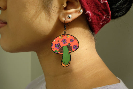 Handmade Original Groovy Retro Mod Flower Child 70's Retro Mushroom Lightweight Plastic Earrings