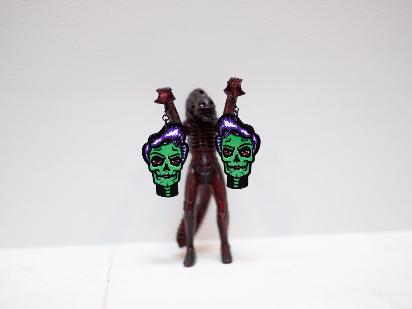 Handmade Original Spooky GhoulGuy Halloween Stephan Skellador Goth Pinup Fall Skeleton Skull Lightweight Plastic Earrings Made In USA