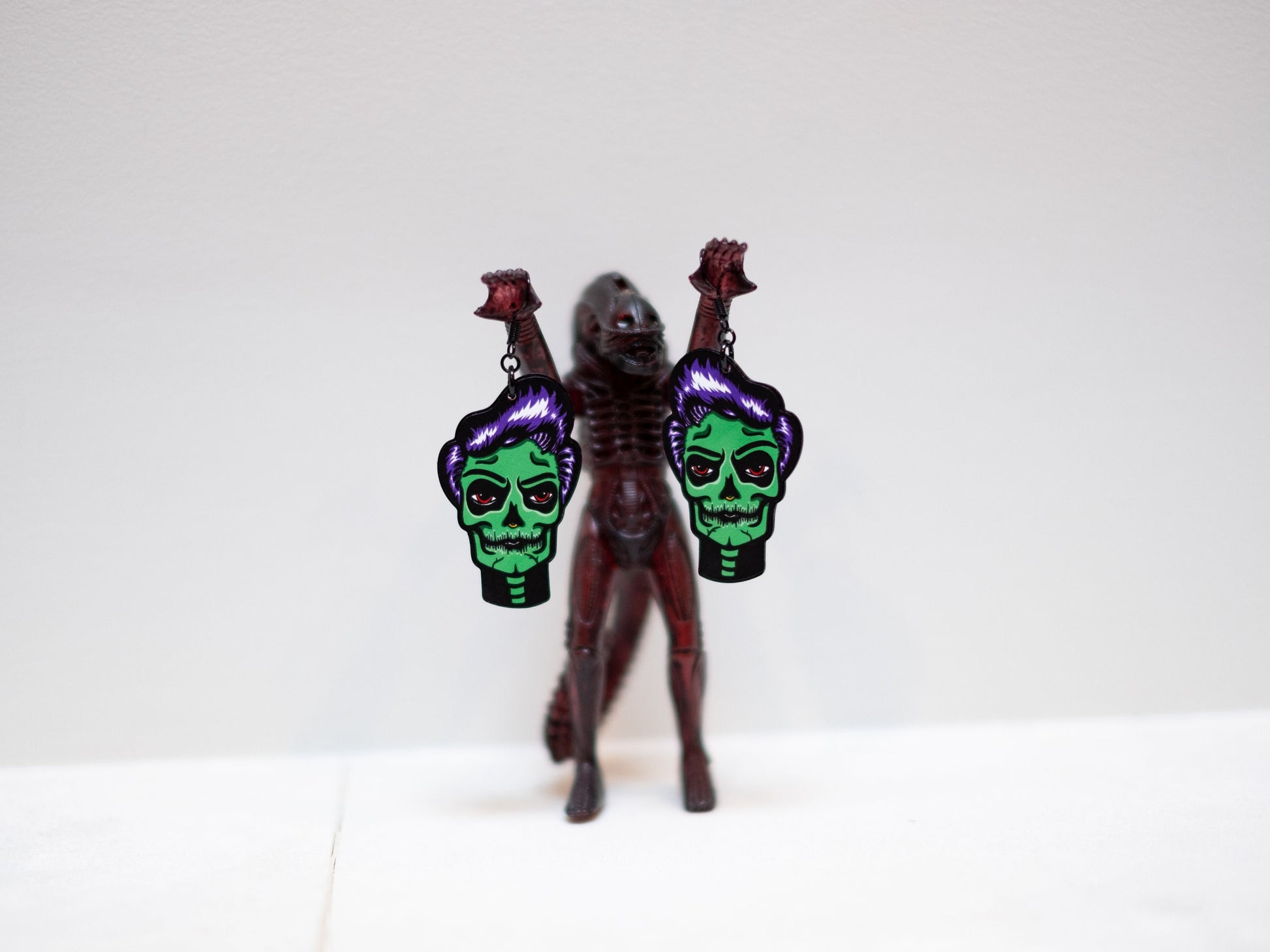 Handmade Original Spooky GhoulGuy Halloween Stephan Skellador Goth Pinup Fall Skeleton Skull Lightweight Plastic Earrings Made In USA
