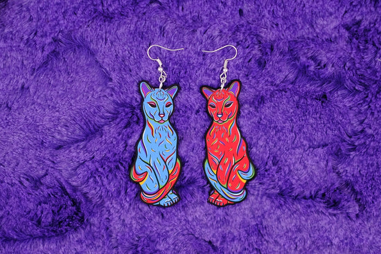 Handmade Original Sphinx Cat Hairless Animal Mismatched Weird Funky Lightweight Large Statement Plastic Earrings