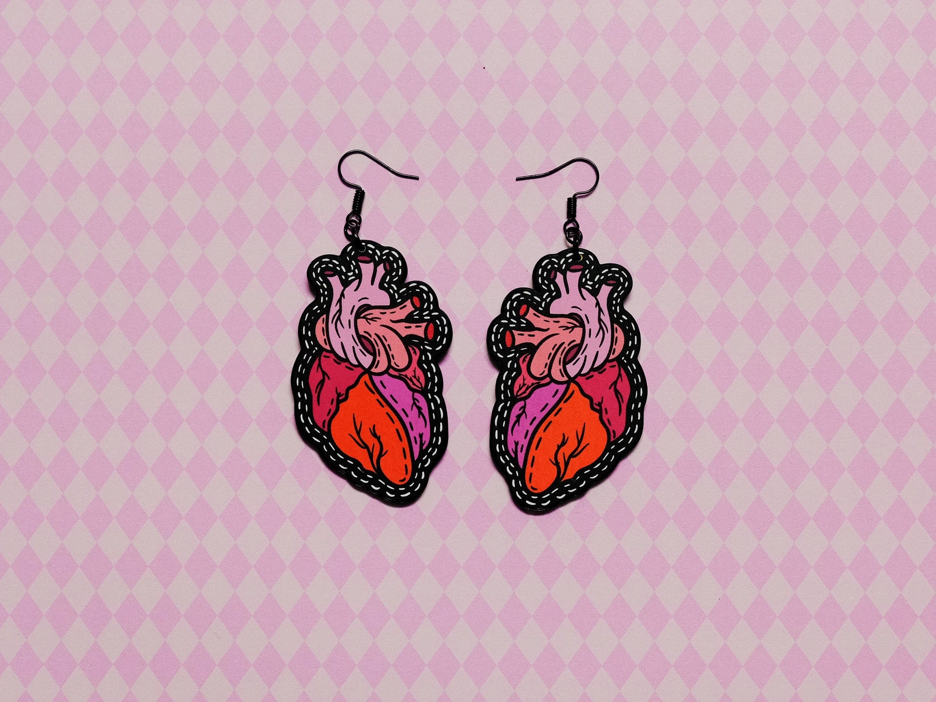 Handmade Original Tattoo Inspired Anatomical Heart Weird Statement Spooky Lightweight Plastic Earrings