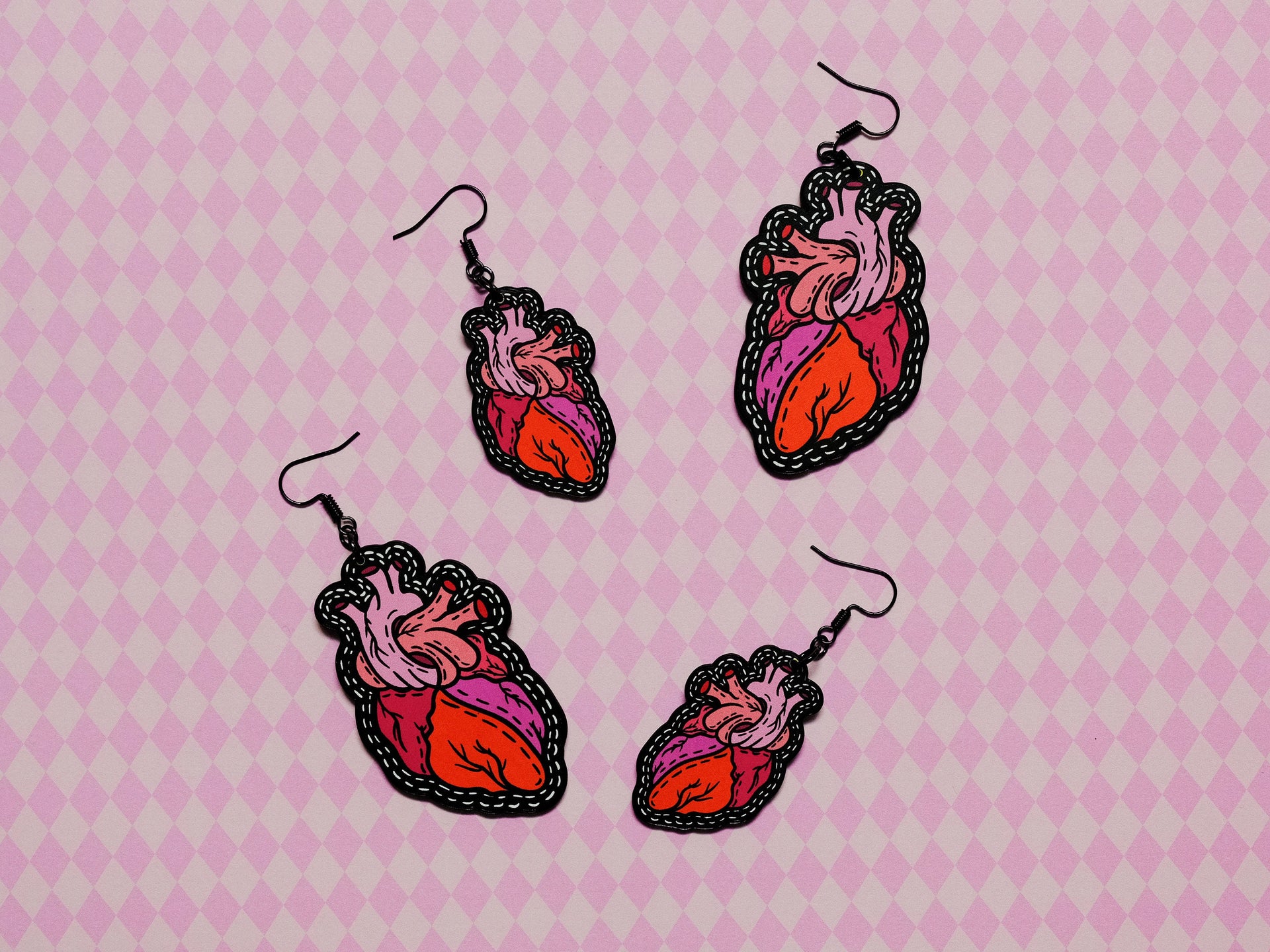 Handmade Original Tattoo Inspired Anatomical Heart Weird Statement Spooky Lightweight Plastic Earrings