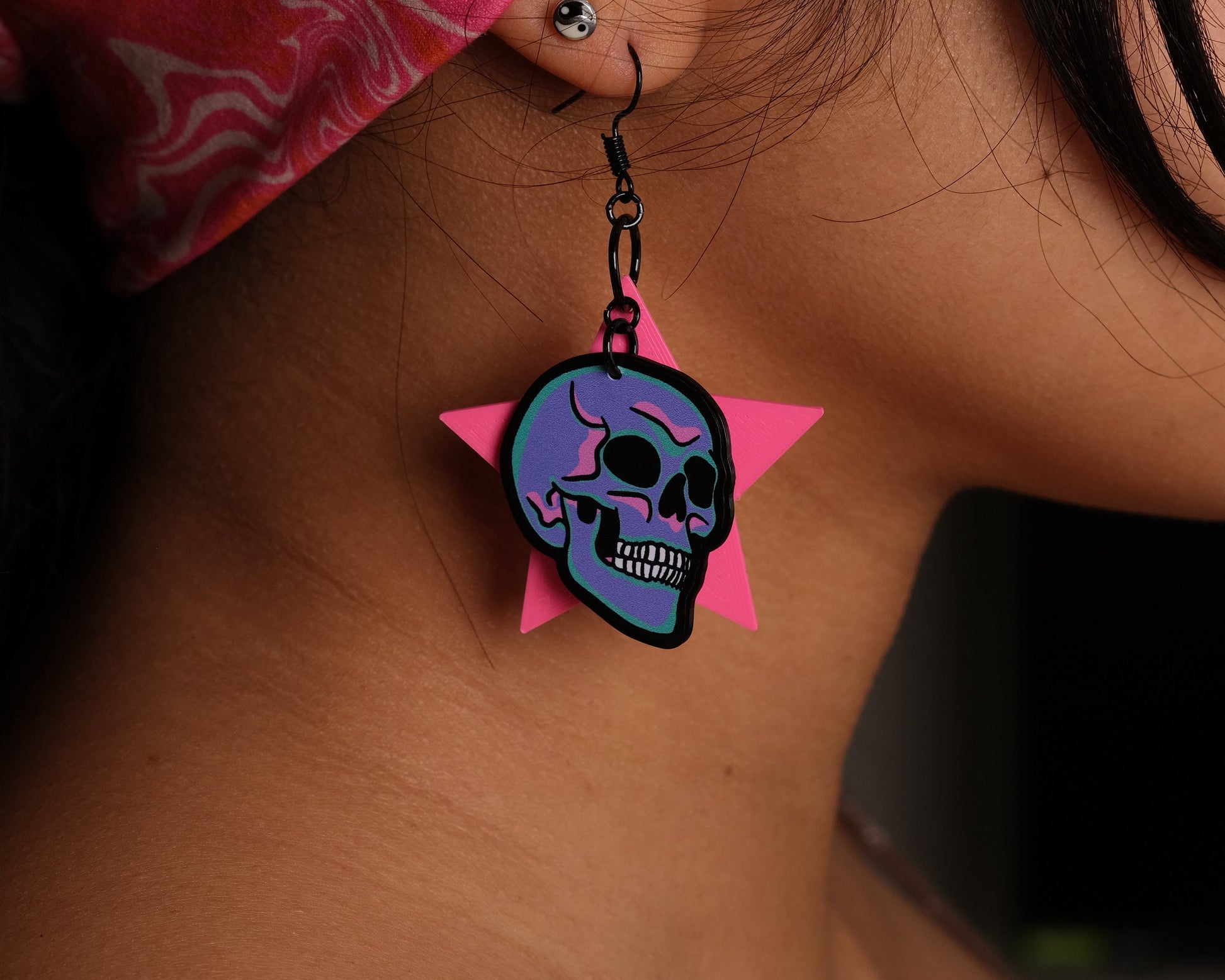 Handmade Original Pastel Punk Goth Pretty and Punk Skull Weird Statement Halloween Lightweight Plastic Earrings