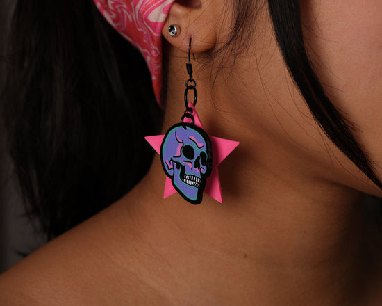 Handmade Original Pastel Punk Goth Pretty and Punk Skull Weird Statement Halloween Lightweight Plastic Earrings