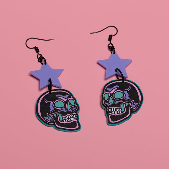 Handmade Original Pastel Punk Goth Pretty and Punk Skull Weird Statement Halloween Lightweight Plastic Earrings