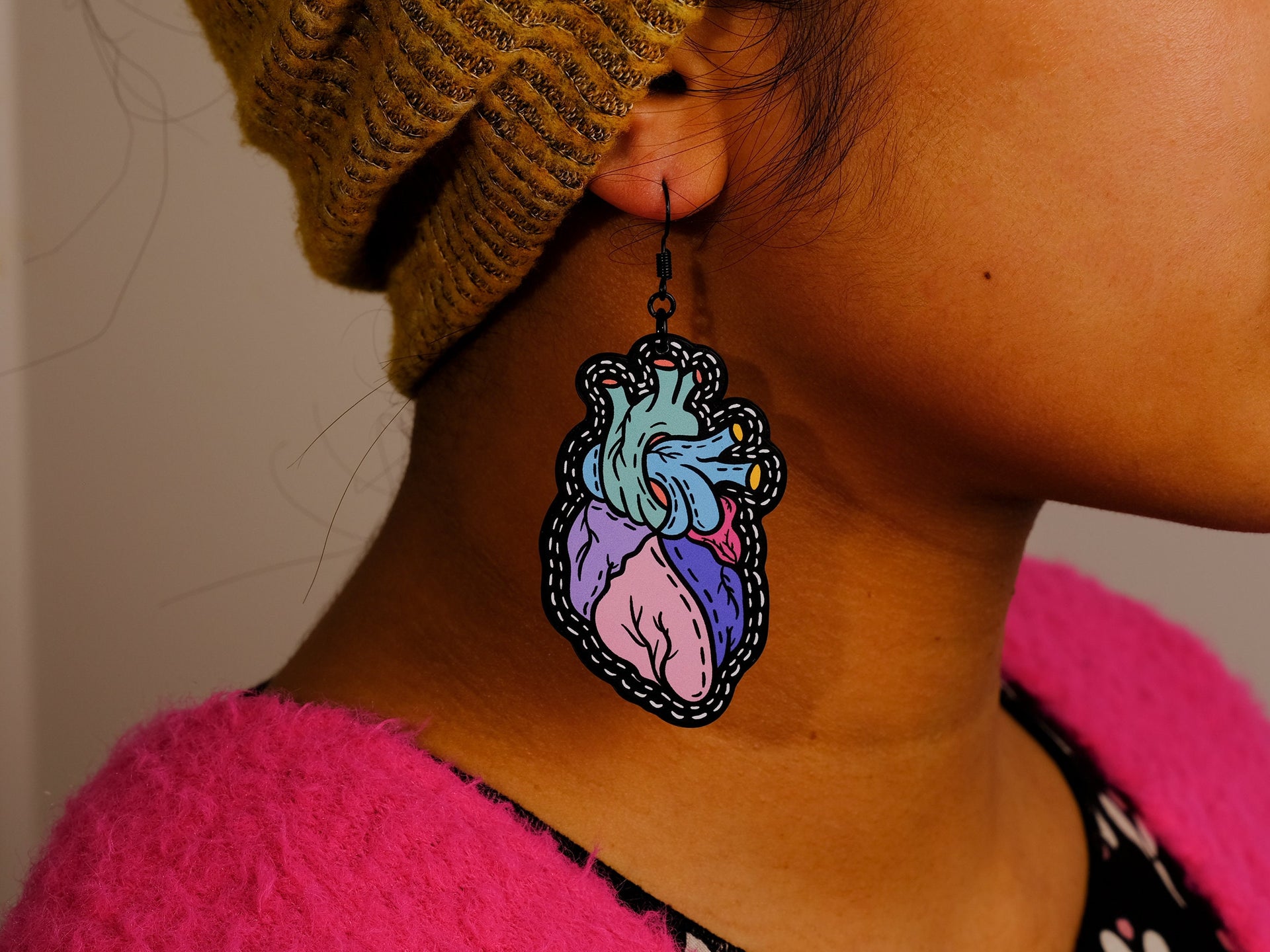 Handmade Original Pastel Goth Punk Tattoo Anatomical Heart Weird Statement Spooky Lightweight Plastic Earrings