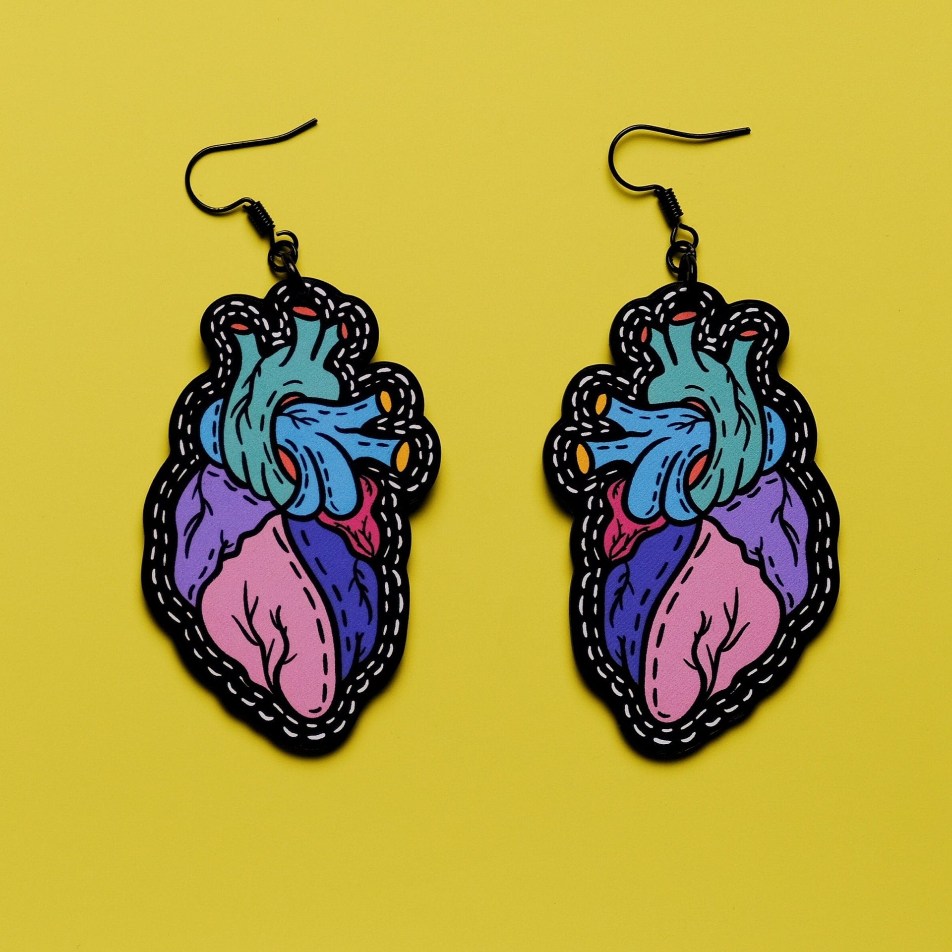 Handmade Original Pastel Goth Punk Tattoo Anatomical Heart Weird Statement Spooky Lightweight Plastic Earrings