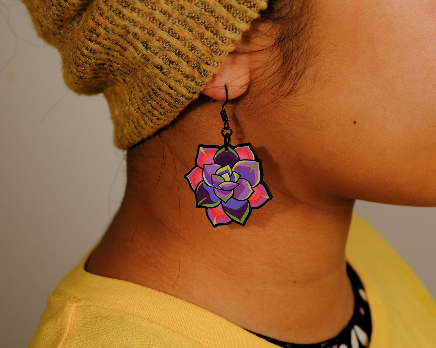 Handmade Original Funky Pink Succulent Plant Spring Summer Lightweight Plastic Earrings