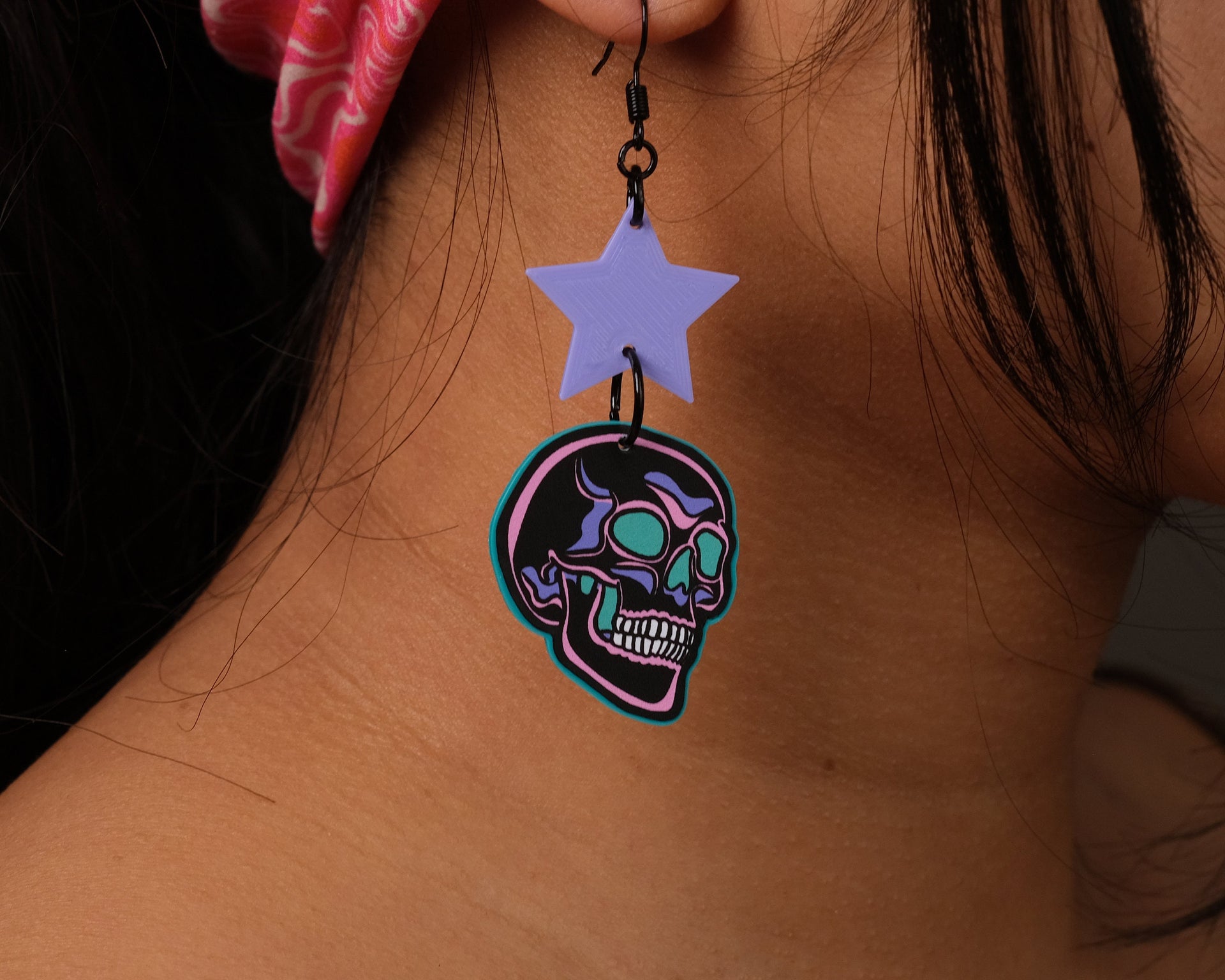 Handmade Original Pastel Punk Goth Pretty and Punk Skull Weird Statement Halloween Lightweight Plastic Earrings