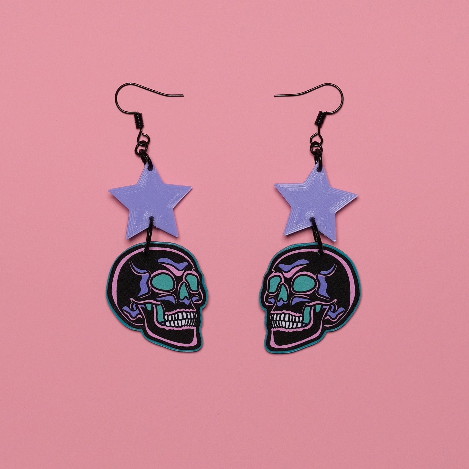 Handmade Original Pastel Punk Goth Pretty and Punk Skull Weird Statement Halloween Lightweight Plastic Earrings