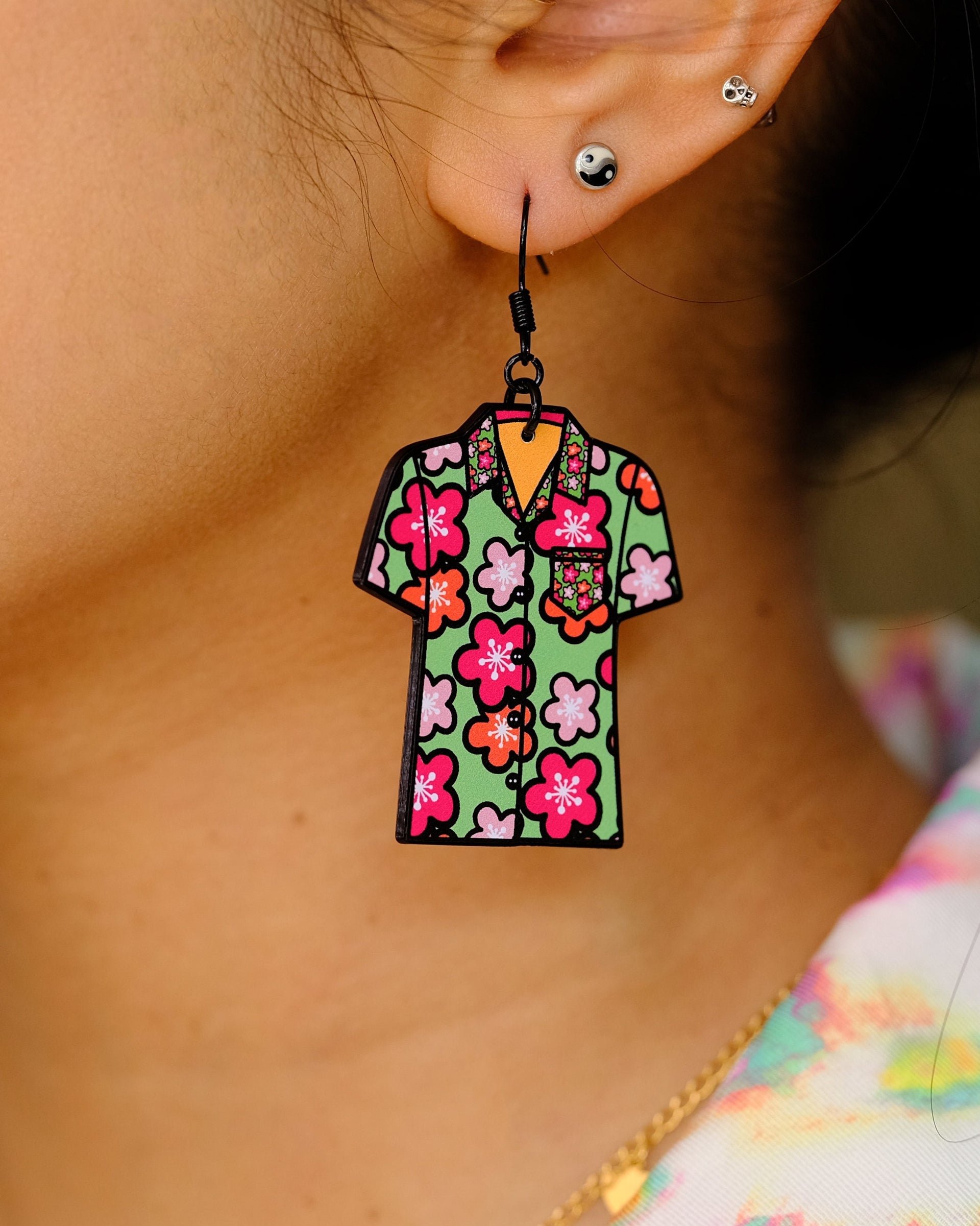 Handmade Original Japanese Cherry Flower Hawaiian Shirt Weird Summer Statement Lightweight Plastic Earrings