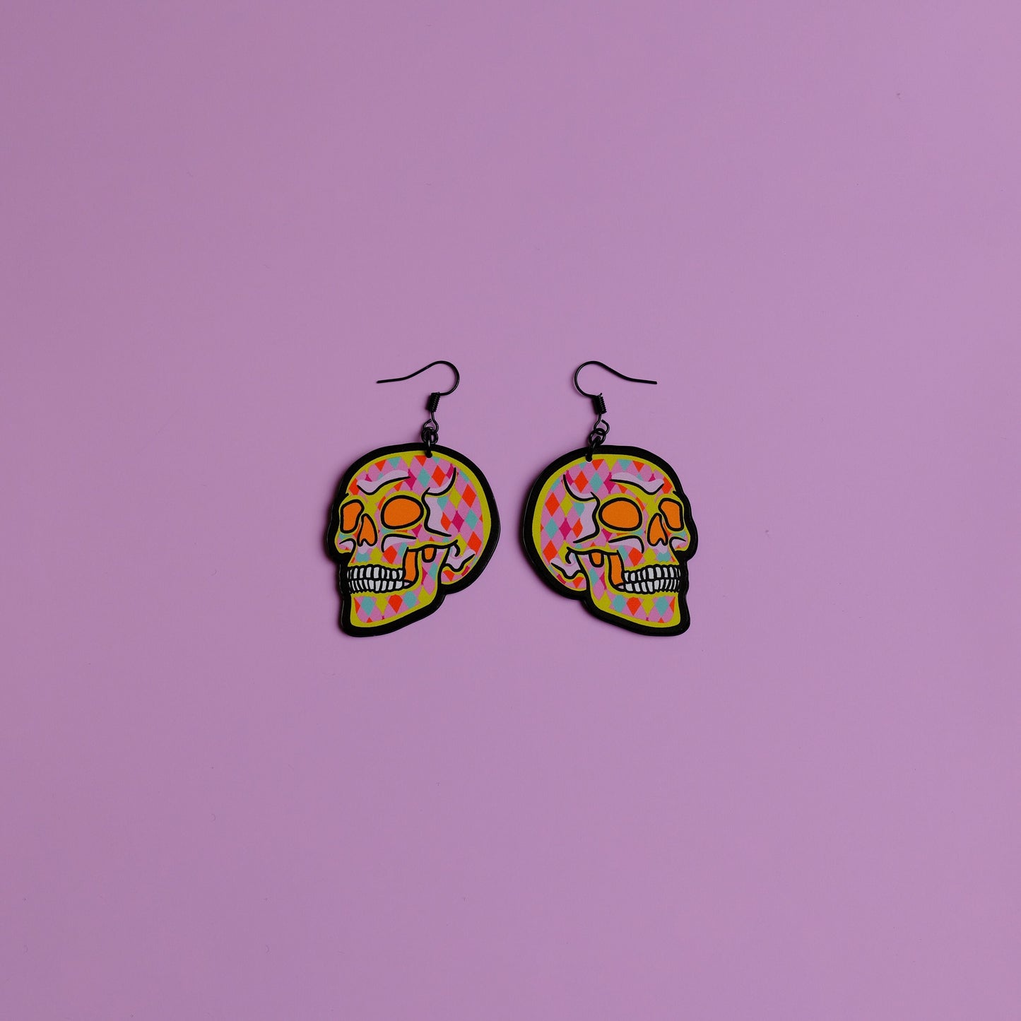 Handmade Original Pink Goth Arglye 90s Y2K Pretty and Punk Skull Lightweight Weird Plastic Earrings