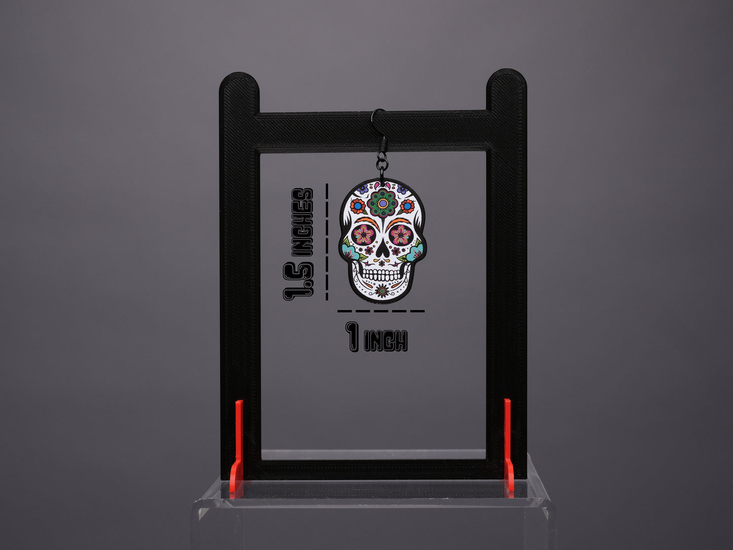 Handmade Original Retro Flower Sugar Skull Día de los Muertos Cráneo del Azúcar Halloween Lightweight Plastic Earrings  Made In USA